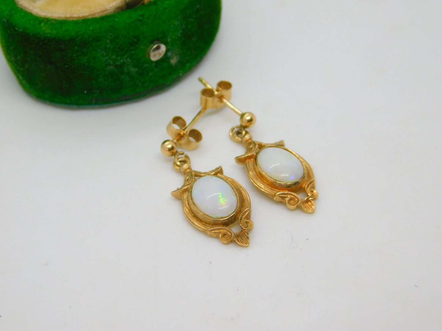 9ct Yellow Gold Victorian Style Cabochon Opal Floral Drop Earrings Vintage c1980