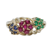 Sterling Silver, Emerald, Ruby & Sapphire Floral Cluster Ring Vintage c1970s