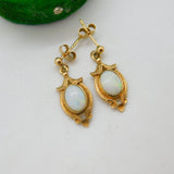 9ct Yellow Gold Victorian Style Cabochon Opal Floral Drop Earrings Vintage c1980