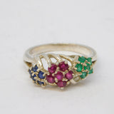 Sterling Silver, Emerald, Ruby & Sapphire Floral Cluster Ring Vintage c1970s