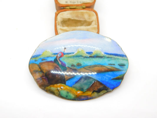 Large Sterling Silver Guilloche Enamel Coastal View Brooch c1920 Antique Deco