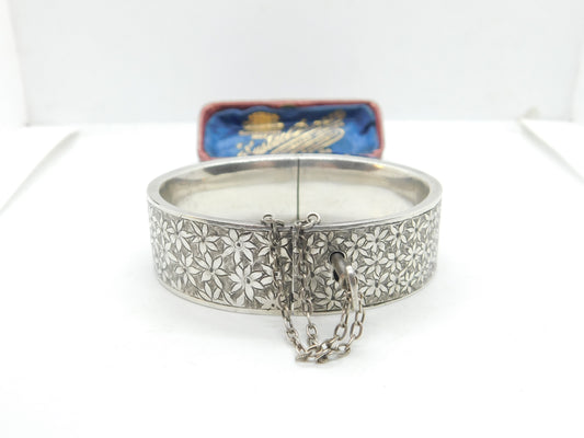 Aesthetic Movement Sterling Silver Floral Bangle With Lock & Key Victorian c1880