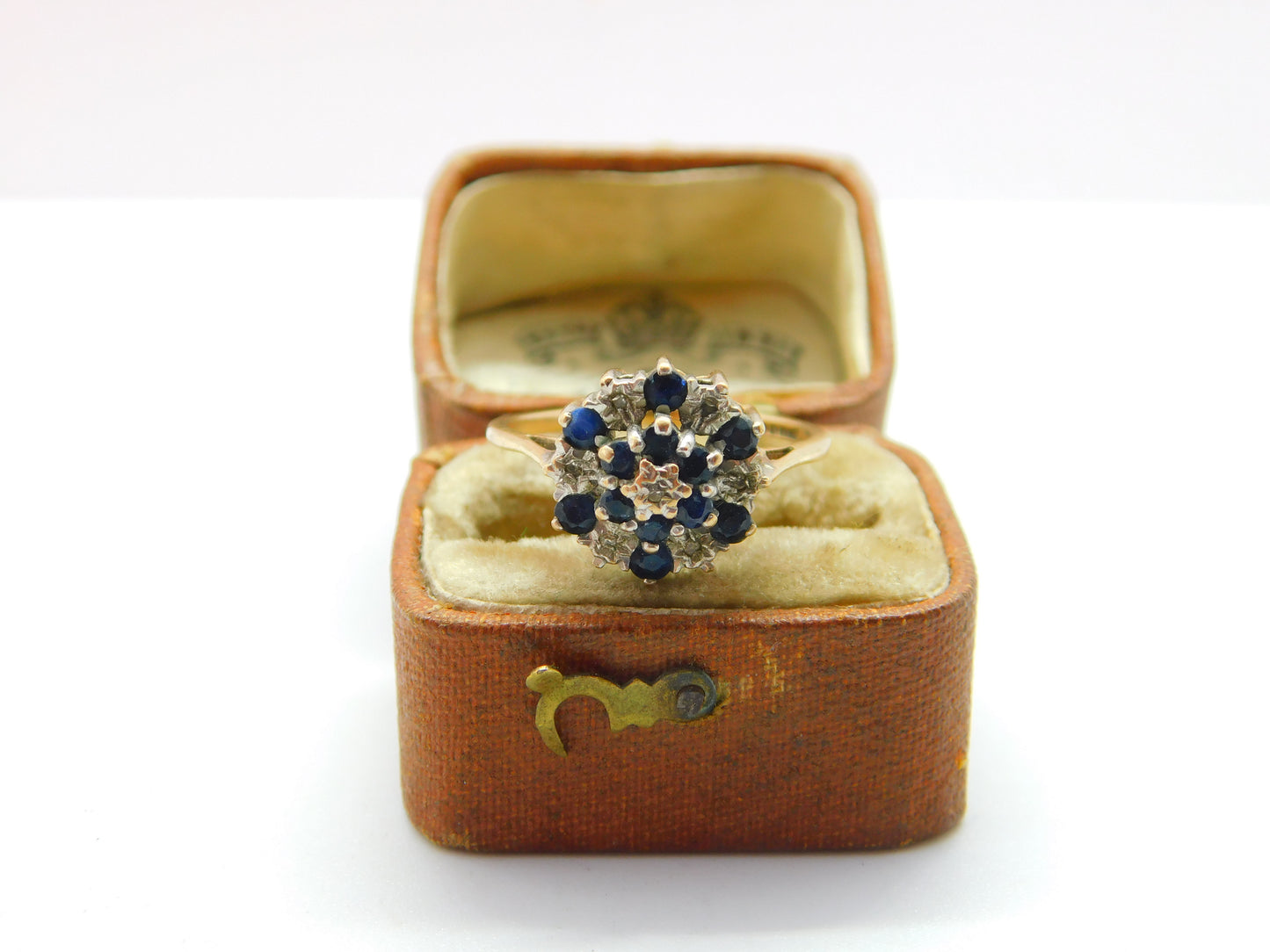 9ct Yellow Gold Sapphire & Diamond Floral Cluster Ring 1977 Birmingham Vintage