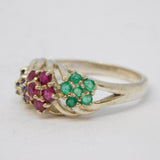 Sterling Silver, Emerald, Ruby & Sapphire Floral Cluster Ring Vintage c1970s
