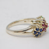 Sterling Silver, Emerald, Ruby & Sapphire Floral Cluster Ring Vintage c1970s