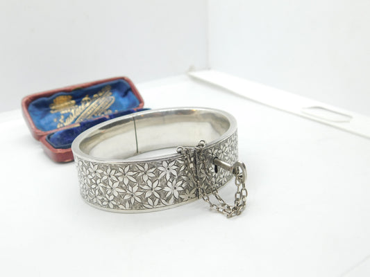 Aesthetic Movement Sterling Silver Floral Bangle With Lock & Key Victorian c1880