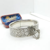 Aesthetic Movement Sterling Silver Floral Bangle With Lock & Key Victorian c1880
