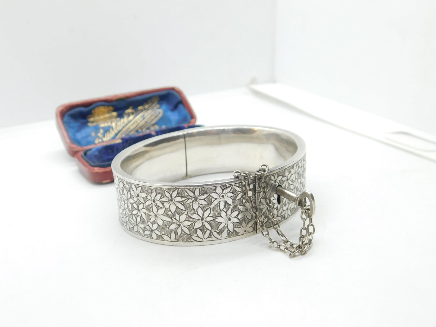 Aesthetic Movement Sterling Silver Floral Bangle With Lock & Key Victorian c1880