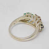 Sterling Silver, Emerald, Ruby & Sapphire Floral Cluster Ring Vintage c1970s