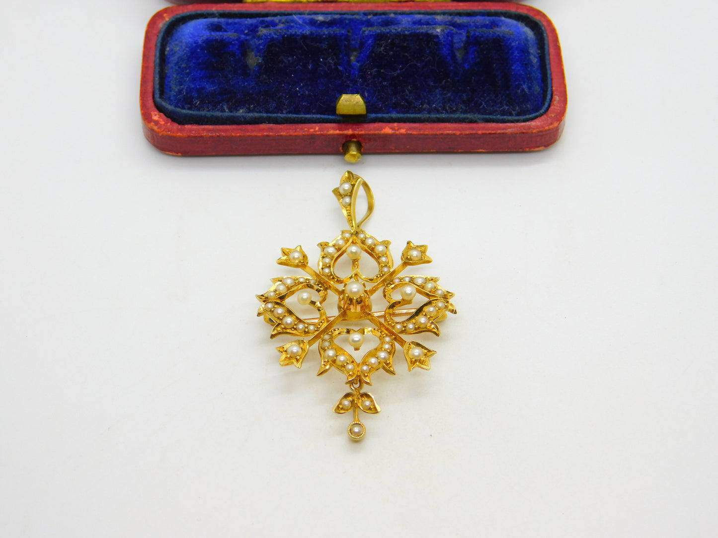 Victorian 15ct Yellow Gold Seed Pearl Set Floral Lavalier Drop Pendant c1890