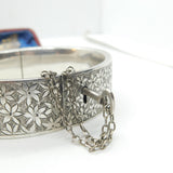 Aesthetic Movement Sterling Silver Floral Bangle With Lock & Key Victorian c1880