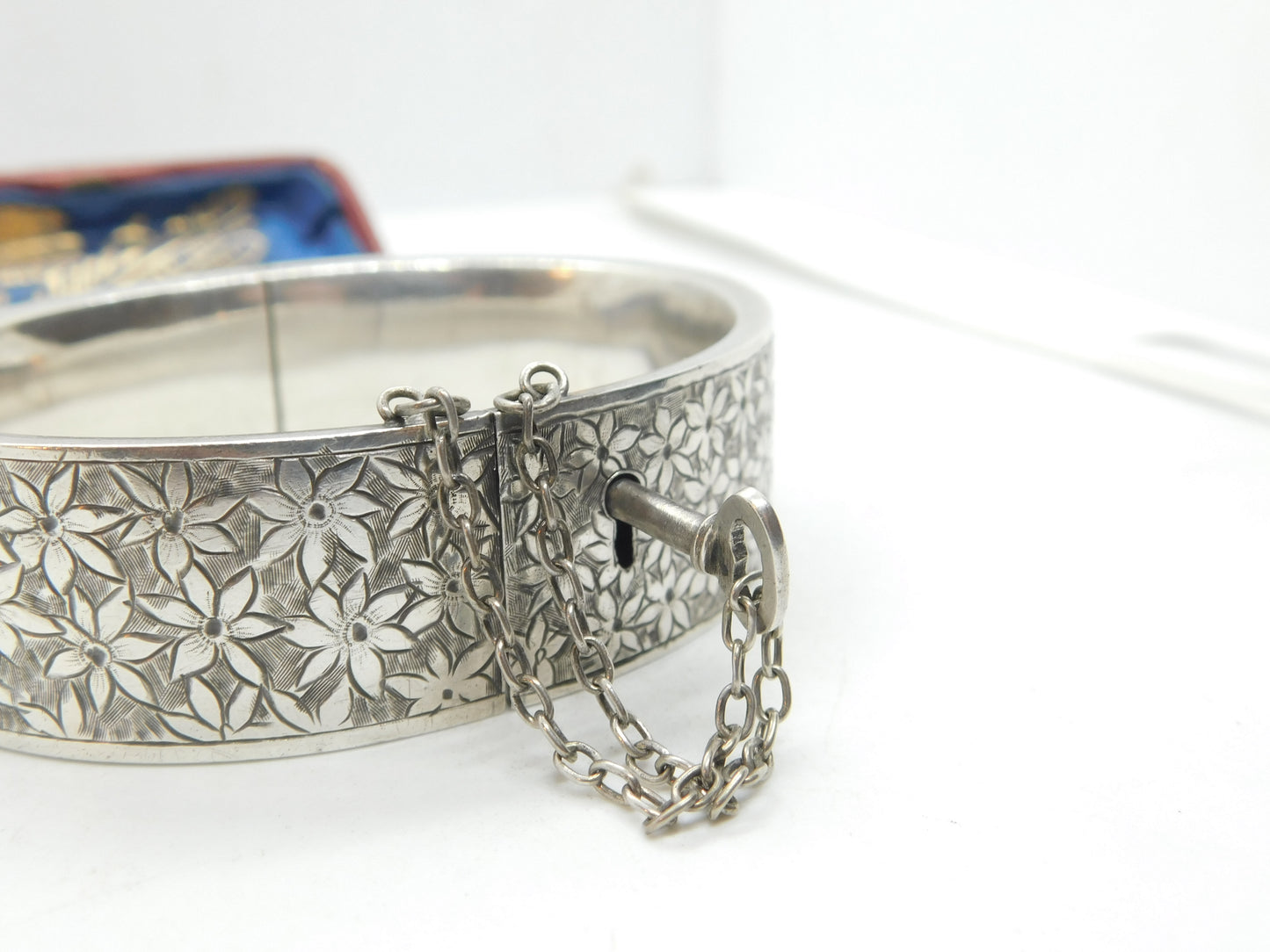 Aesthetic Movement Sterling Silver Floral Bangle With Lock & Key Victorian c1880