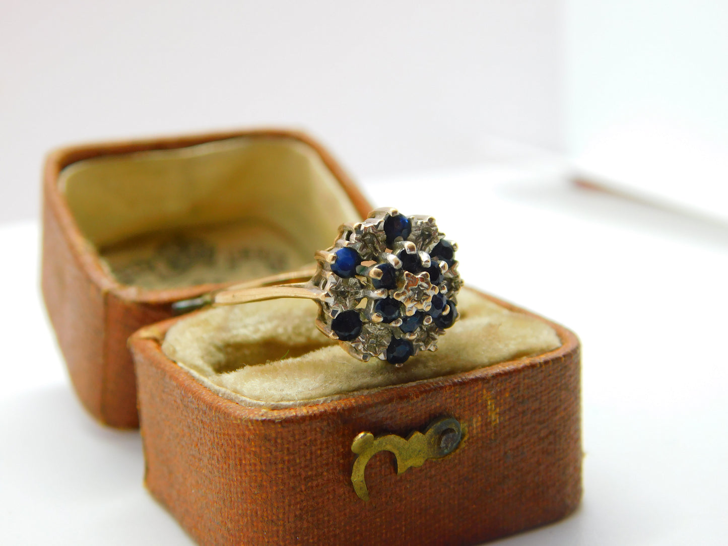 9ct Yellow Gold Sapphire & Diamond Floral Cluster Ring 1977 Birmingham Vintage