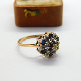 9ct Yellow Gold Sapphire & Diamond Floral Cluster Ring 1977 Birmingham Vintage