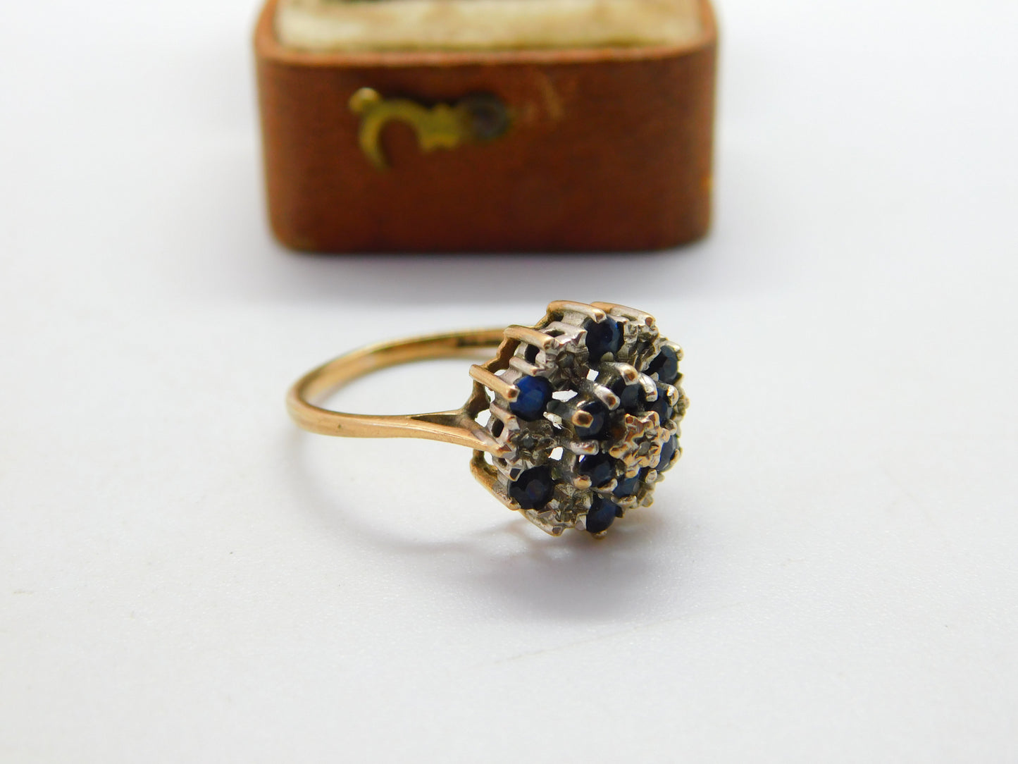 9ct Yellow Gold Sapphire & Diamond Floral Cluster Ring 1977 Birmingham Vintage