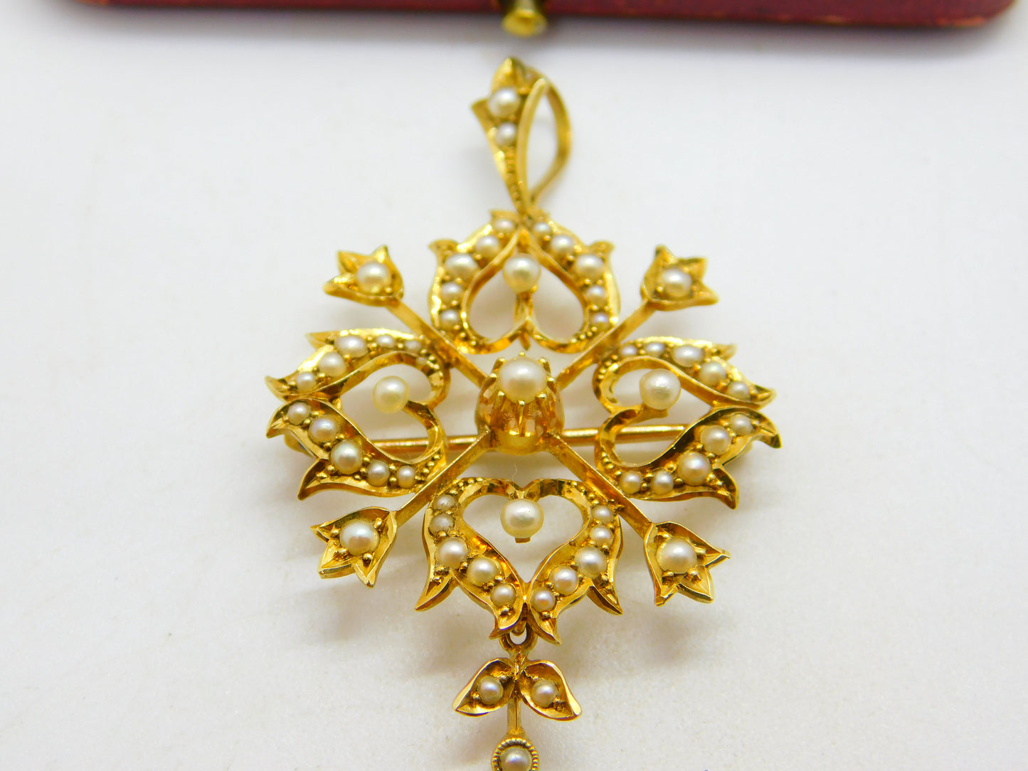 Victorian 15ct Yellow Gold Seed Pearl Set Floral Lavalier Drop Pendant c1890