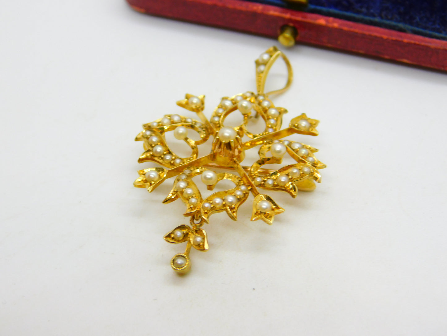 Victorian 15ct Yellow Gold Seed Pearl Set Floral Lavalier Drop Pendant c1890