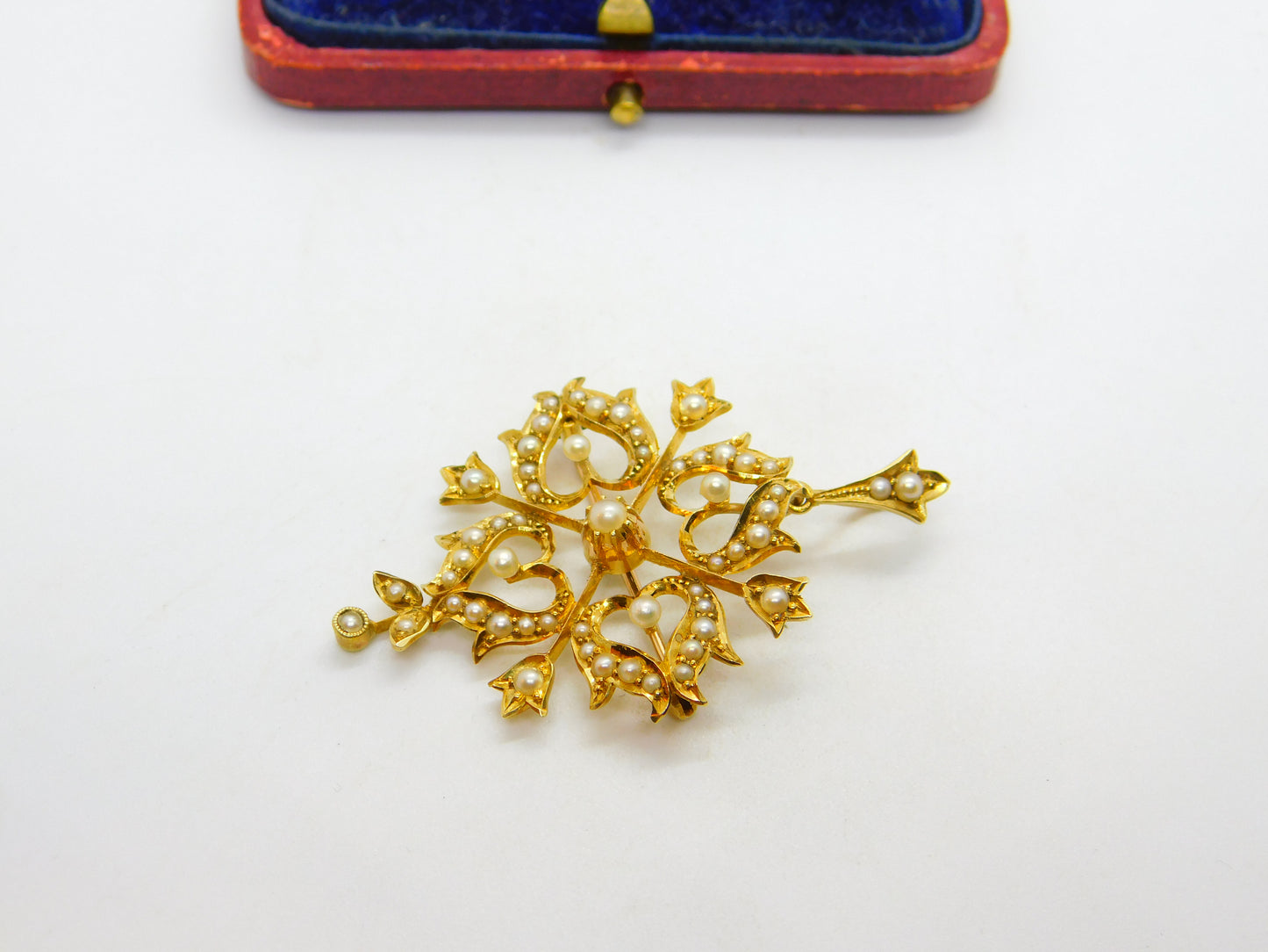 Victorian 15ct Yellow Gold Seed Pearl Set Floral Lavalier Drop Pendant c1890