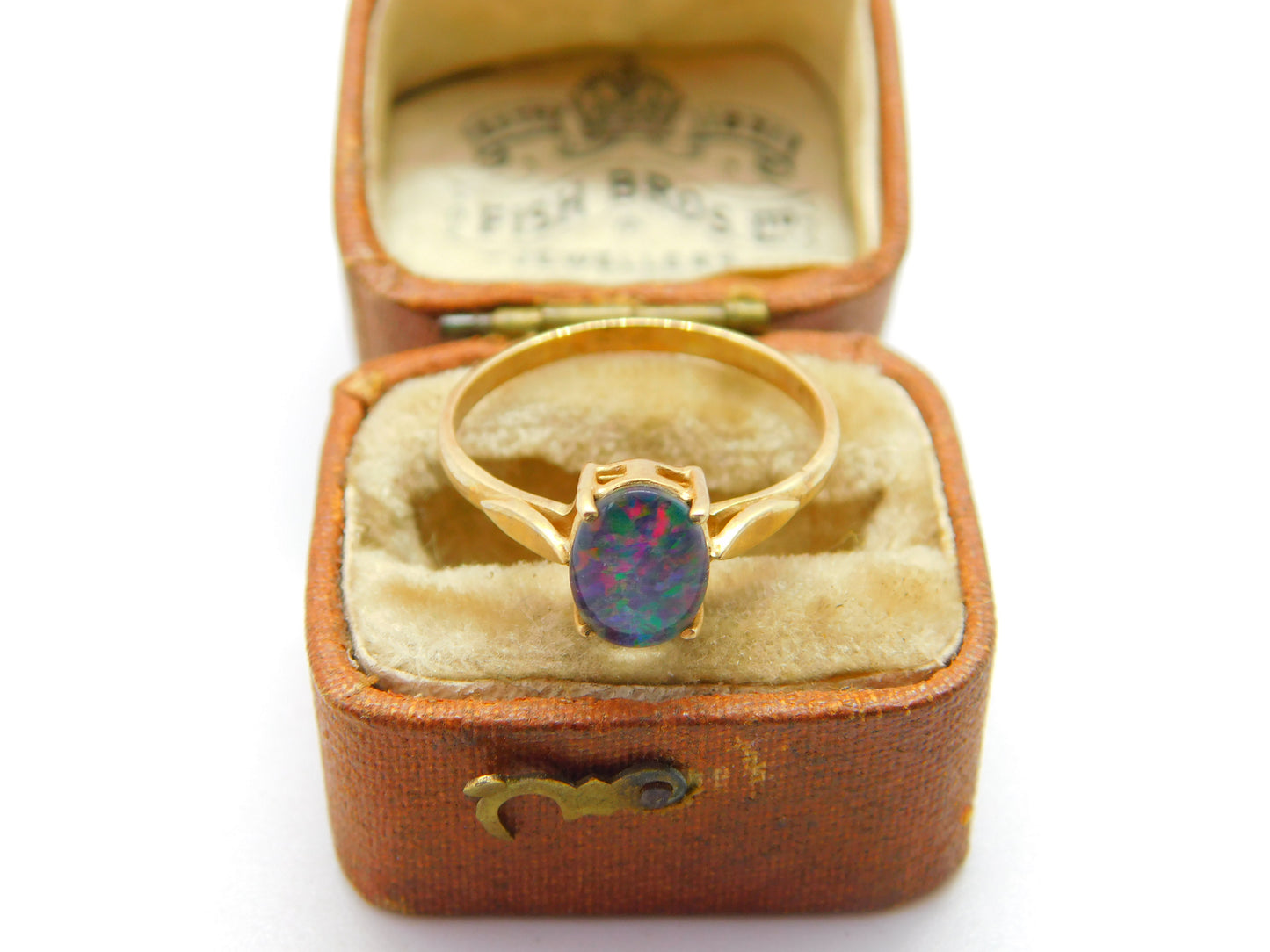 9ct Yellow Gold & Cabochon Doublet Opal Band Ring Vintage c1970 Size N1/2 UK