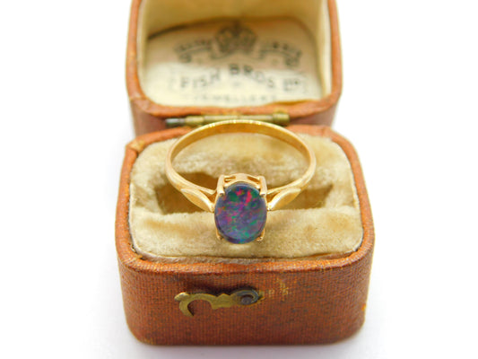 9ct Yellow Gold & Cabochon Doublet Opal Band Ring Vintage c1970 Size N1/2 UK