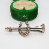 Victorian Sterling Silver & 9ct Gold Hunting Horn Horseshoe Stock Pin Antique 1893
