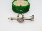Victorian Sterling Silver & 9ct Gold Hunting Horn Horseshoe Stock Pin Antique 1893