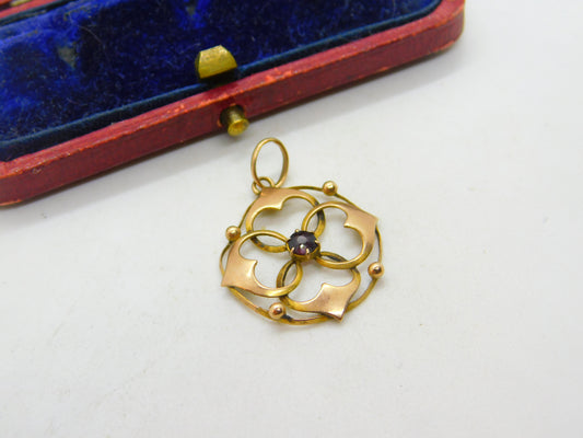 Edwardian 9ct Yellow Gold Floral Form Garnet Drop Pendant Antique c1910