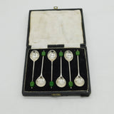 Set of Sterling Silver Green Bakelite Coffee Bean Teaspoons Antique 1933 Deco