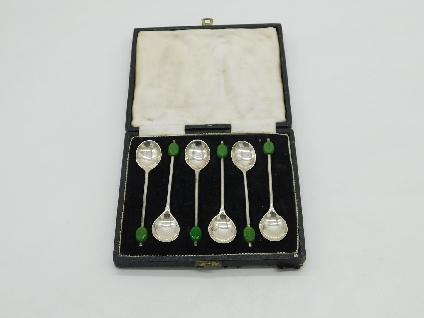 Set of Sterling Silver Green Bakelite Coffee Bean Teaspoons Antique 1933 Deco