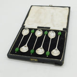 Set of Sterling Silver Green Bakelite Coffee Bean Teaspoons Antique 1933 Deco