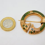 Victorian 9ct Gold & Connemara Marble Penannular Celtic Shamrock Brooch Antique