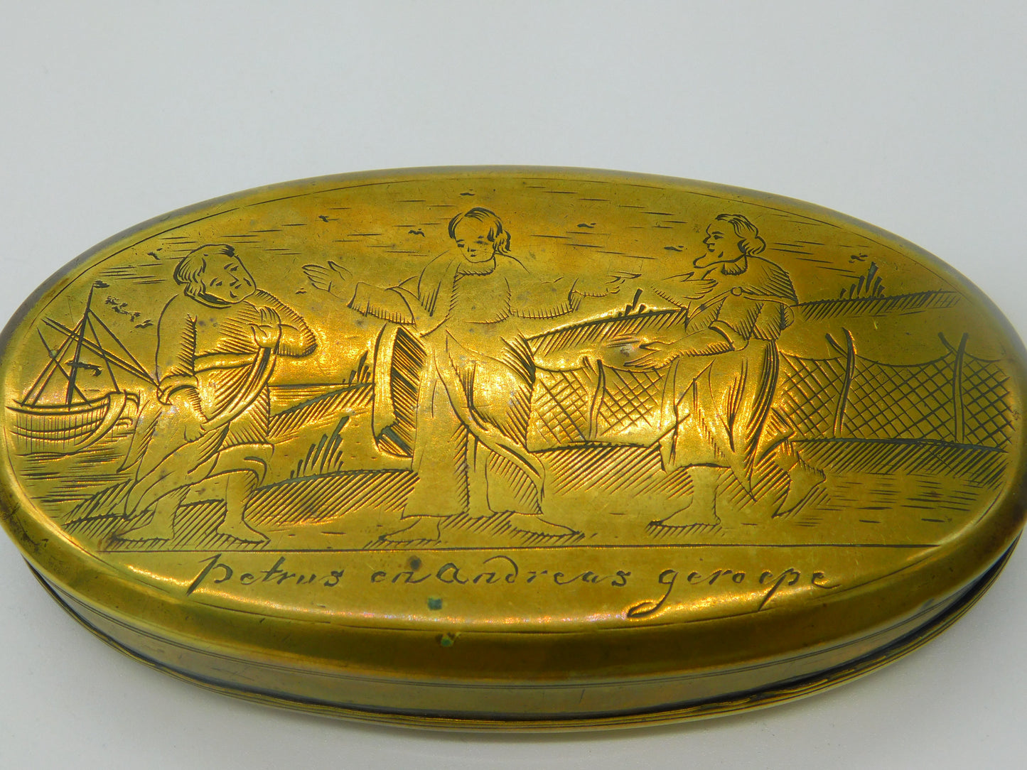 Early Georgian Dutch Brass Large Snuff Box Religious Scenes Antique c1740