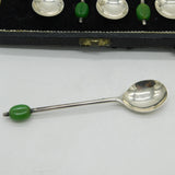 Set of Sterling Silver Green Bakelite Coffee Bean Teaspoons Antique 1933 Deco