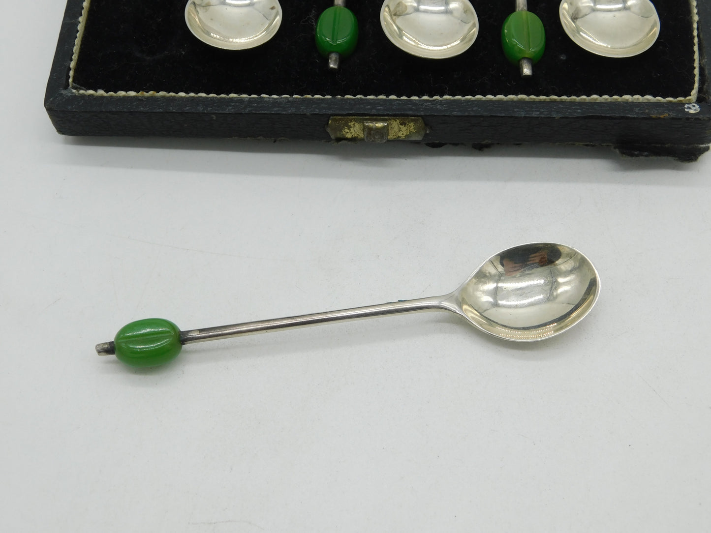 Set of Sterling Silver Green Bakelite Coffee Bean Teaspoons Antique 1933 Deco