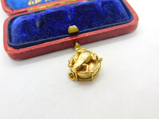 Edwardian 9ct Yellow Gold Frog on the Drum Charm Pendant Antique c1910