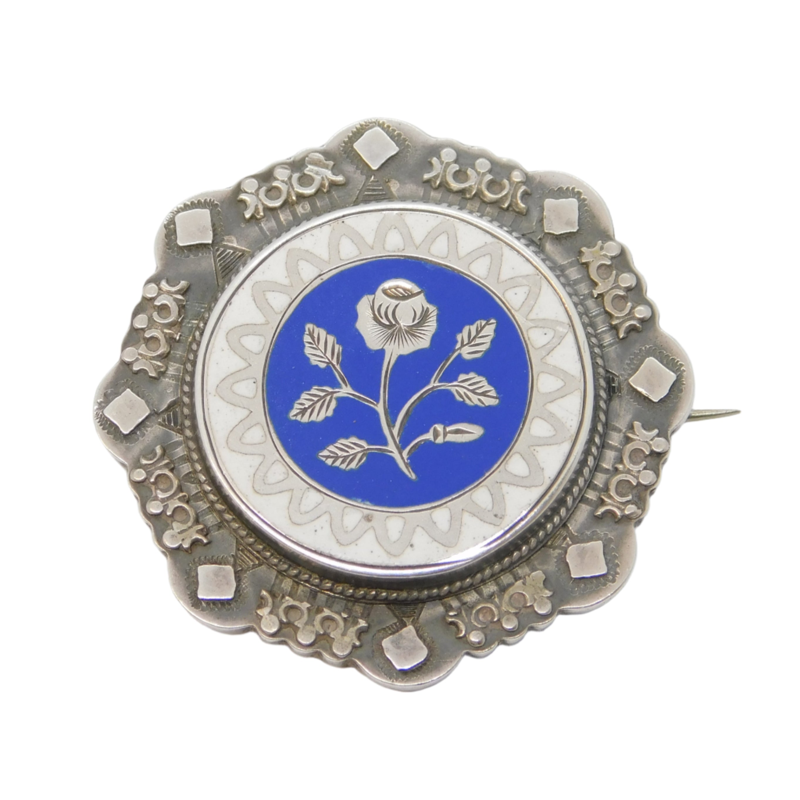 ANTIQUE SILVER ENAMEL FLORAL BROOCH