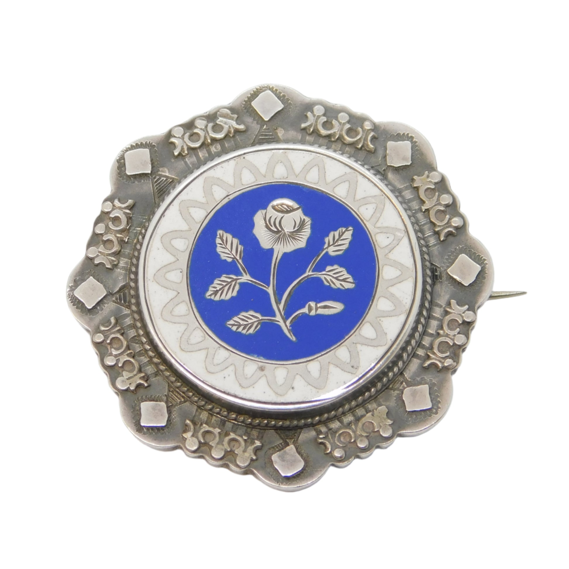 ANTIQUE SILVER ENAMEL FLORAL BROOCH