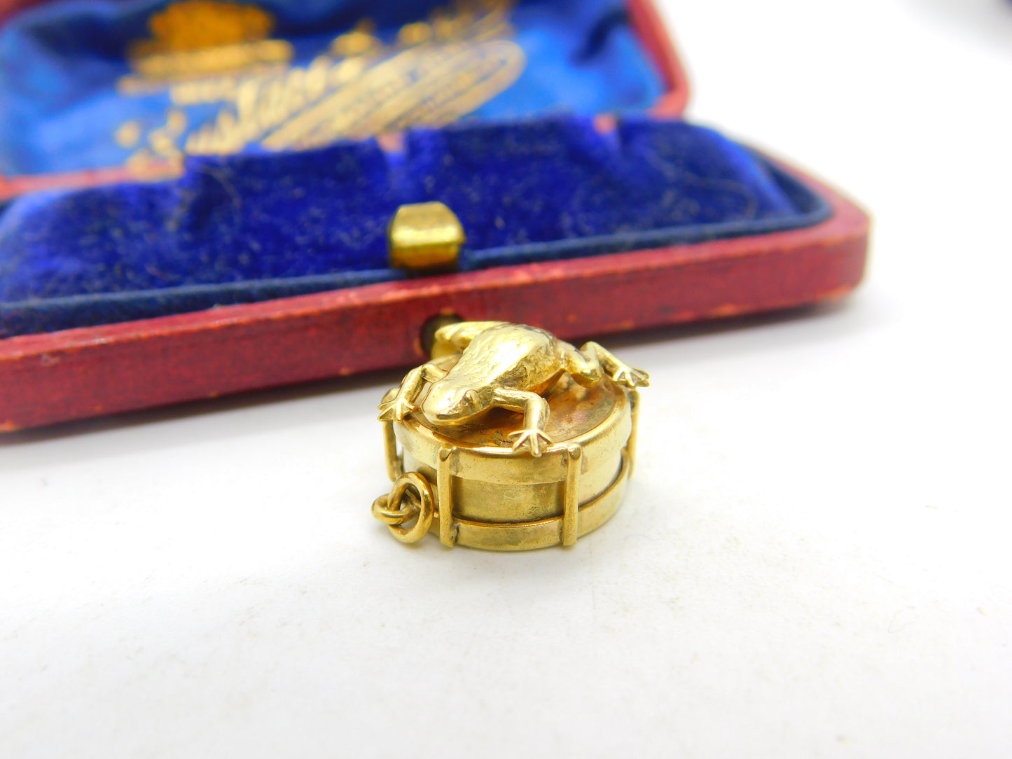 Edwardian 9ct Yellow Gold Frog on the Drum Charm Pendant Antique c1910