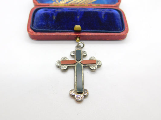 Victorian Sterling Silver Bloodstone & Agate Crucifix Pendant Antique c1860