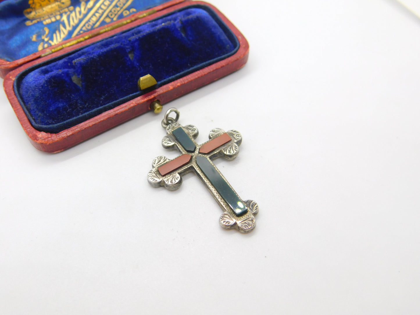 Victorian Sterling Silver Bloodstone & Agate Crucifix Pendant Antique c1860