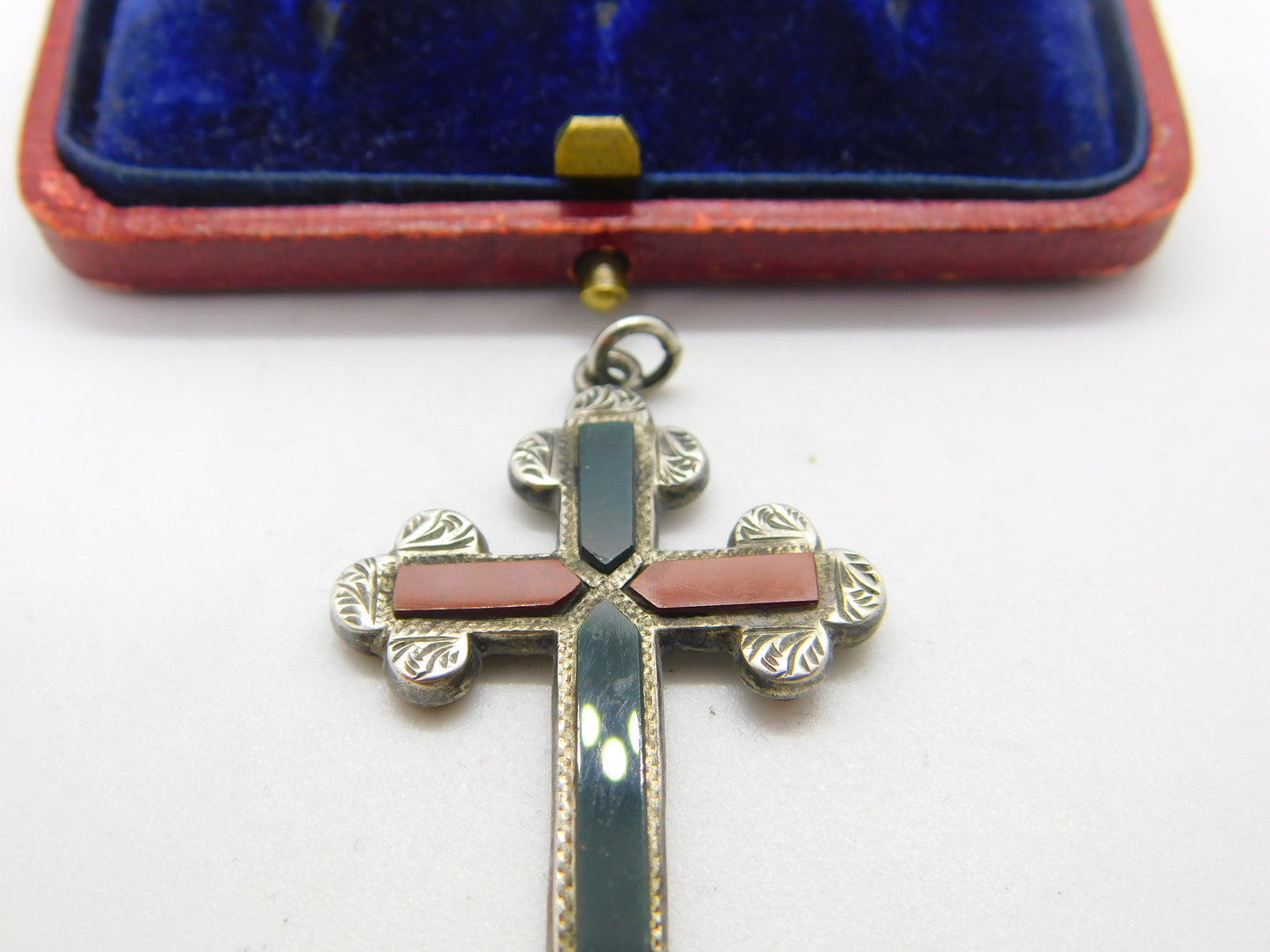 Victorian Sterling Silver Bloodstone & Agate Crucifix Pendant Antique c1860