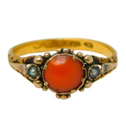 Victorian 22ct Yellow Gold, Coral & Seed Pearl Ring Antique 1864 London