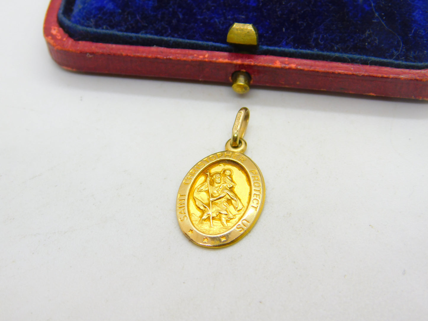 9ct Yellow Gold St Christopher Protect Us Charm Pendant Vintage c1970