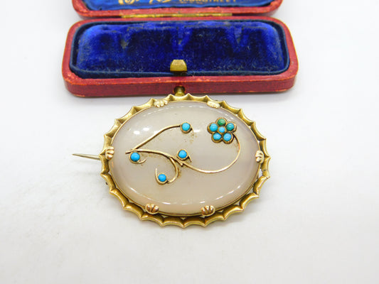 Victorian 9ct Gold, Chalcedony & Turquoise Sweetheart Brooch c1860 Antique