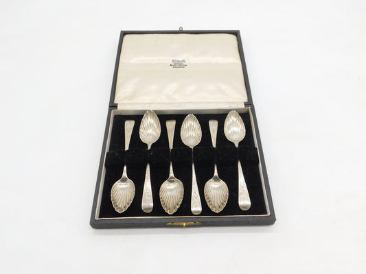 Boxed Georgian Sterling Silver Bright Cut Shell Bowl Dessert Spoons Antique 1806 London