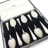 Boxed Georgian Sterling Silver Bright Cut Shell Bowl Dessert Spoons Antique 1806 London