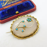 Victorian 9ct Gold, Chalcedony & Turquoise Sweetheart Brooch c1860 Antique