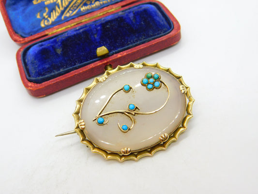 Victorian 9ct Gold, Chalcedony & Turquoise Sweetheart Brooch c1860 Antique