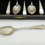 Boxed Georgian Sterling Silver Bright Cut Shell Bowl Dessert Spoons Antique 1806 London