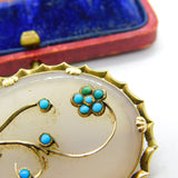 Victorian 9ct Gold, Chalcedony & Turquoise Sweetheart Brooch c1860 Antique
